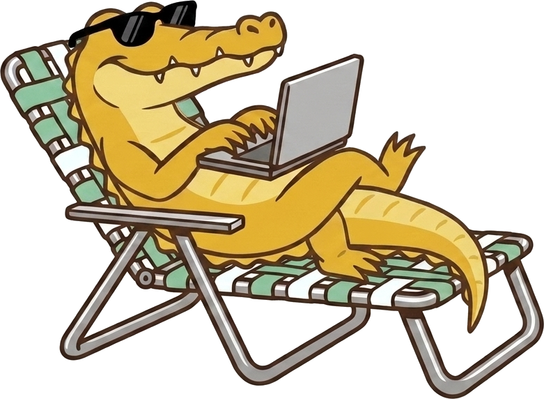 An alligator in sunglasses reclining in a deck chair with a laptop.